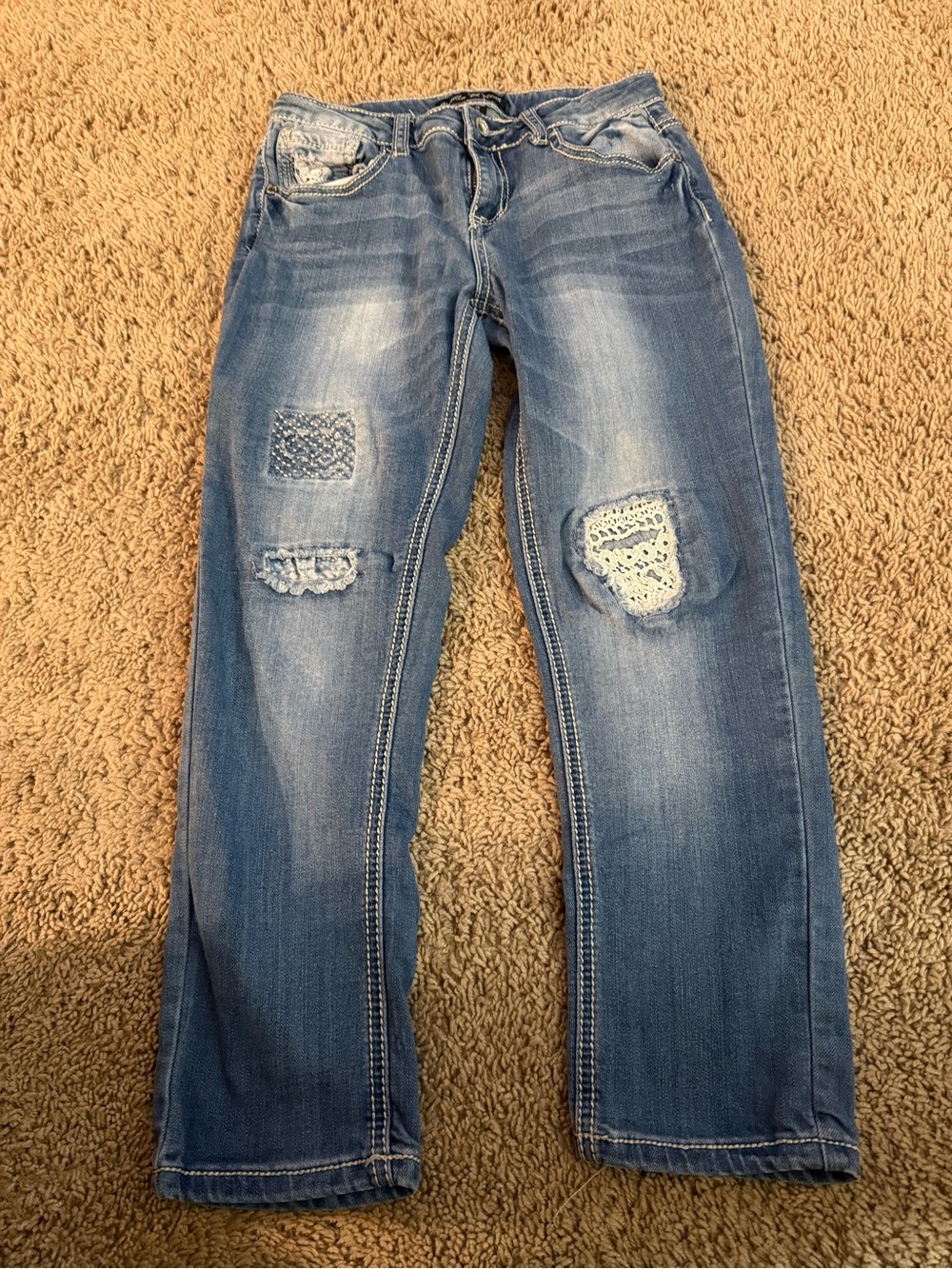 Vanilla Star Mid Blue Distressed Straight-Leg Jeans with Patch Details